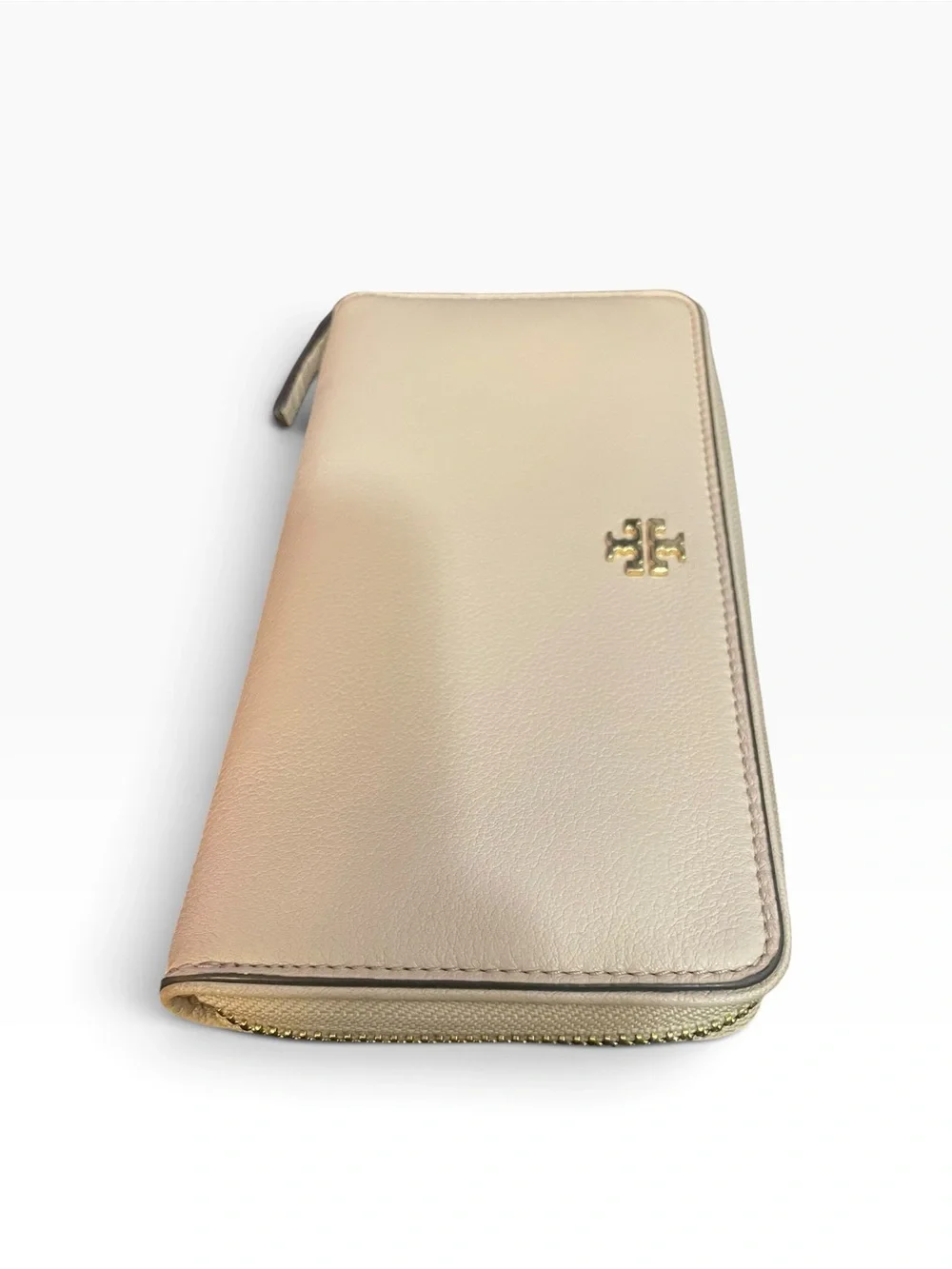 Tory Burch Pebbled Leather Zip Around Continental Long Wallet Cream Nude